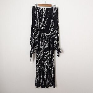 SWF black white blossom print off shoulder open tie long sleeve midi dress